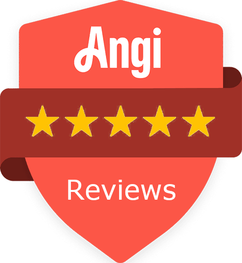 Red Angi badge with five gold stars and the word "Reviews" written below the stars.