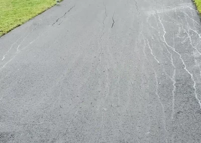 A paved driveway curves through green grass with a few scattered items and trees in the background.